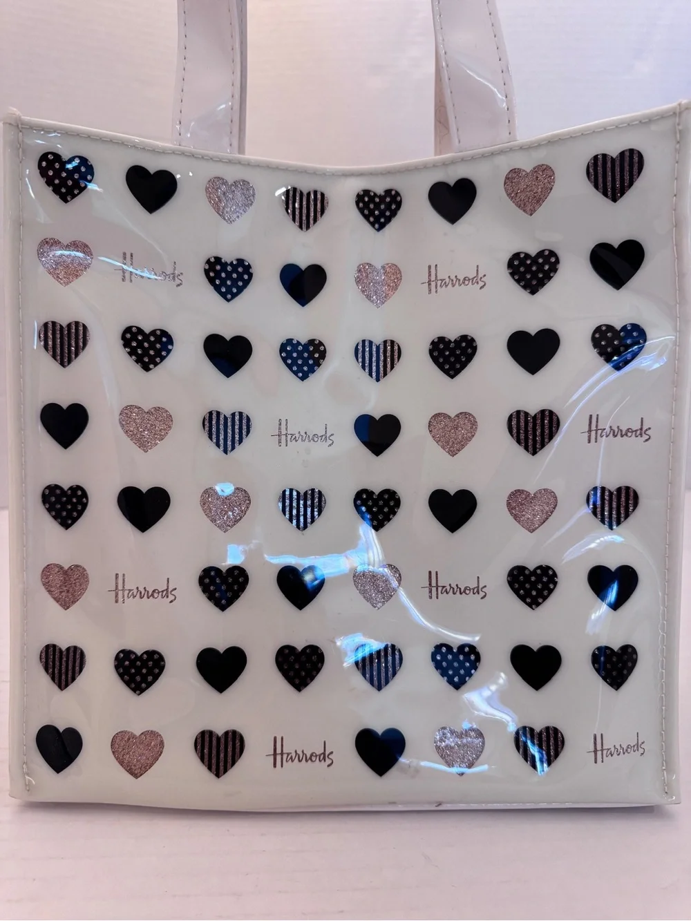 HARROD'S LONDON Signature Vinyl Coated Tote Bag Glitter Hearts Snap Closure